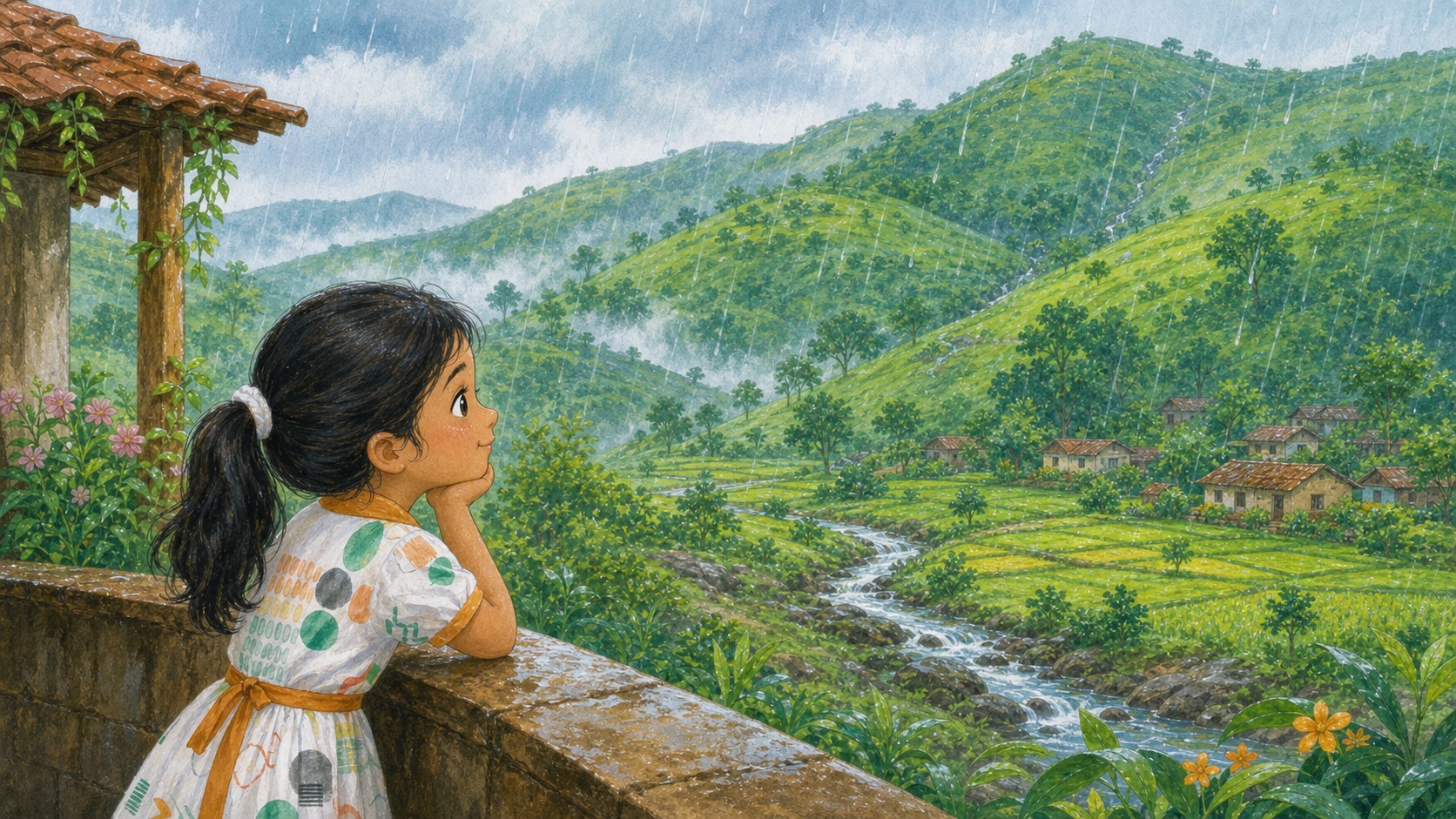 Tara watches monsoon rain flow from green Satara hills into a stream.
