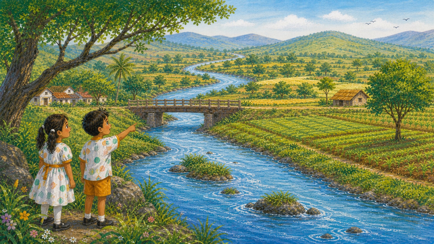 A river travels through farms, bridges, and a train route away from Satara.