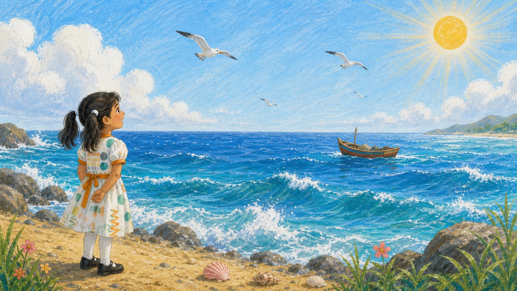 Tara sees the wide blue sea with rolling waves, seabirds, and a small boat.