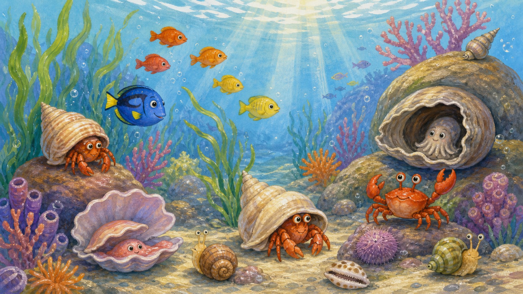 Friendly fish, crabs, sea plants, shells, and soft ocean animals underwater.