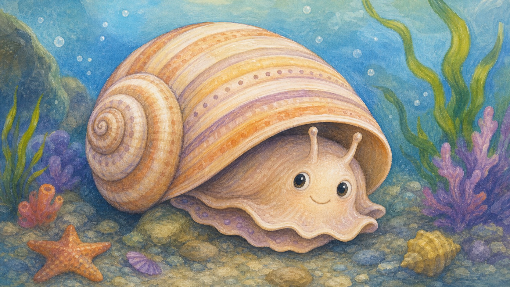 Moti the soft mollusk peeks from a patterned shell underwater.