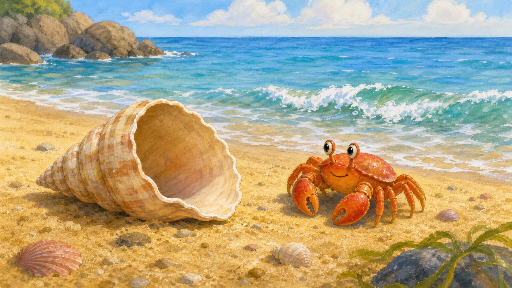 An empty seashell rests on warm sand near gentle waves and a friendly crab.