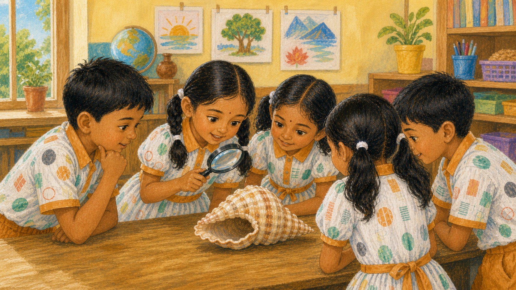 Grade 1 children observe an empty seashell on a classroom table with curiosity.