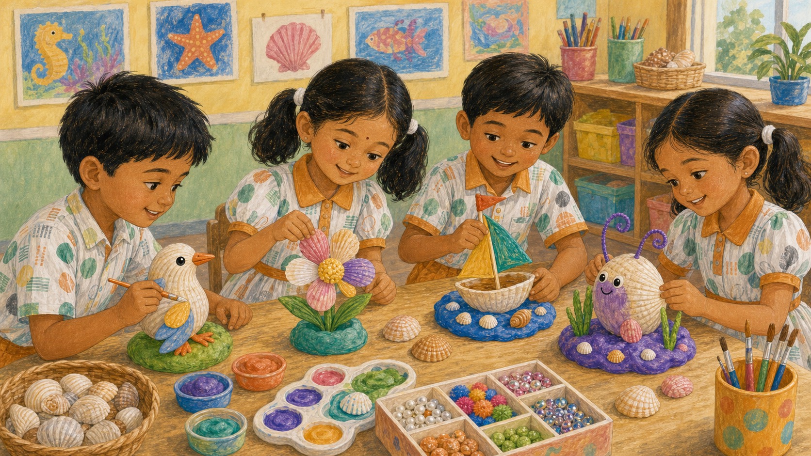 Children make open-ended art using empty shells, clay, colours, and decorative material.